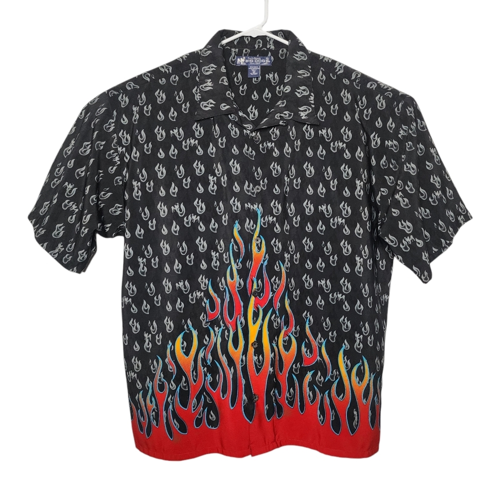 Big Dogs All Over Flames Button Up Shirt Hawaiian Camp - Men's 2XL